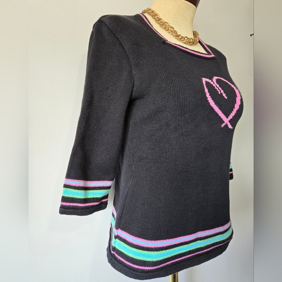Parkhurst Cotton Country Square Neck Black Sweater Pink Heart and Stripes. Small - Picture 5 of 10